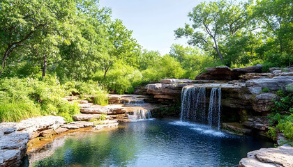 Park waterfall cascading into pool, lush greenery, tranquil scene. Possible use Nature background