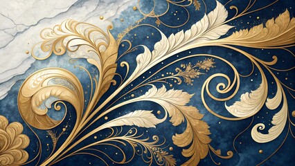 "Abstract gold and navy blue marble texture with shimmering metallic details, luxurious and artistic."
