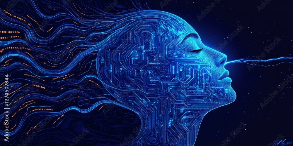 Poster circuit board woman profile composed of binary code, technology and human brain concept design.