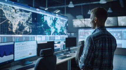 Logistics Manager Overseeing Fleet with Advanced GPS Technology in High-Tech Control Room