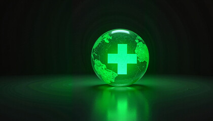 Glassy globe with glowing medical cross, symbolizing health awareness