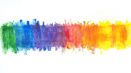 Rainbow gradient painting featuring bold, textured brushstrokes in vibrant acrylic colors, spreading artistic energy across wide horizontal canvas background