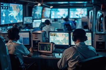 Professional Logistics Office with Staff Coordinating Fleet Trucks Using GPS Tracking Systems