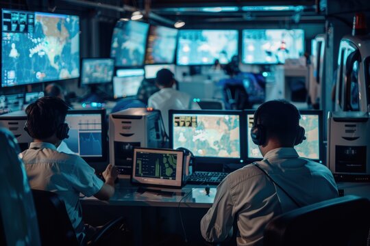 Professional Logistics Office with Staff Coordinating Fleet Trucks Using GPS Tracking Systems