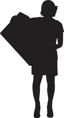 vector; silhouette; front view of a woman holding a cardboard box