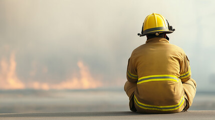 Exhausted firefighter resting near blazing structure, protective gear covered in soot, intense flames and thick smoke consuming building in background