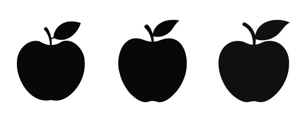 A set of three black apple silhouettes with stems and leaves, arranged in a horizontal line, on a white background. Minimalist vector-style design
