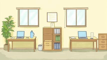 Empty office interior scene, light beige walls, two desks, windows, cabinets. Possible use stock photo