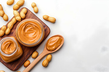 Peanut butter in jars and spoon on marble