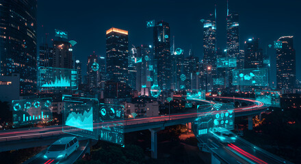 Futuristic Smart Cityscape at Night with Holographic Data Overlays
