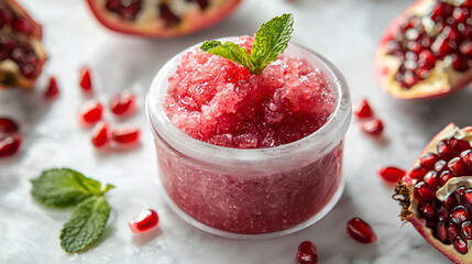 Refreshing pomegranate granita in a glass jar, garnished with mint leaves. Summer dessert treat.