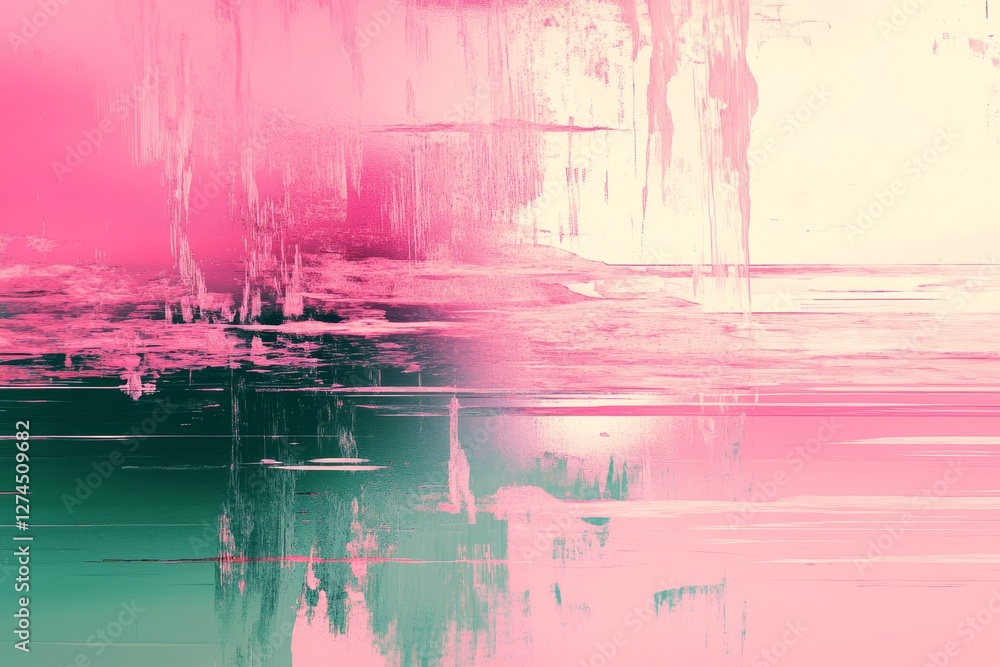 Poster an artistic abstract image featuring a mix of pink and teal colors, with brushstrokes and a textured