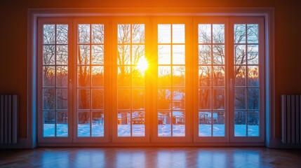 Sunset View Through French Doors in Winter