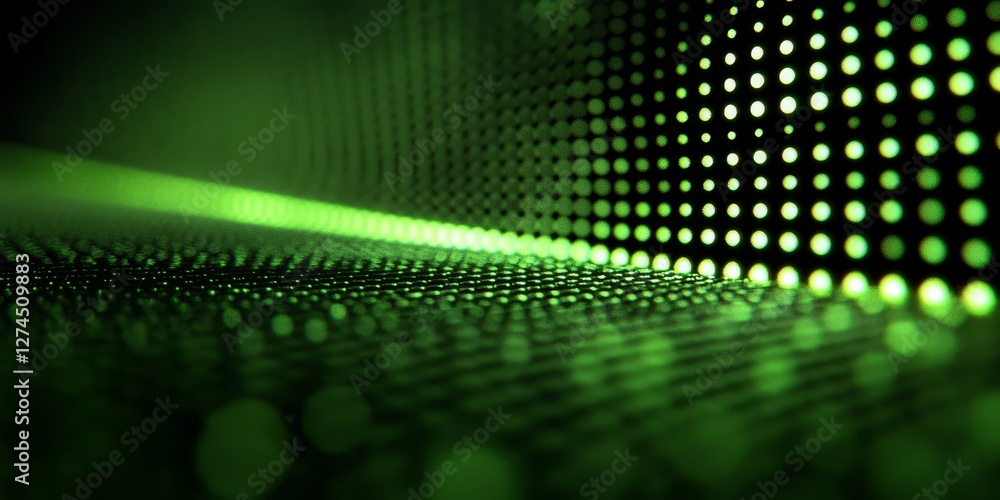 Poster an abstract digital landscape of green and white dots creating a sense of depth and dimension, with 