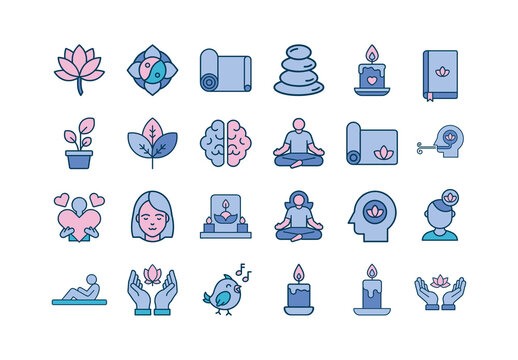 Blue Mindfulness Meditation Wellness Symbols. Relaxation Icons Set