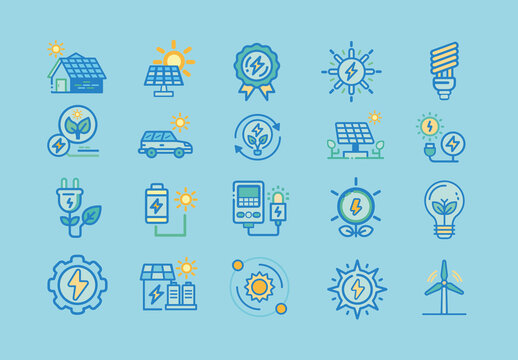 Blue and Green Solar Energy Eco Friendly Power Elements. Renewable Energy Icons Set