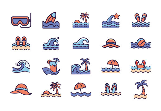 Blue Ocean Waves and Elements Sea Adventure Symbols. Marine Icons Set