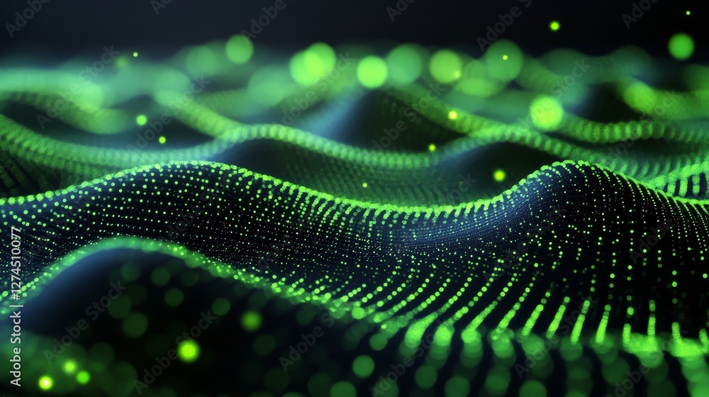 Poster abstract digital art of a data flow background in a vibrant green color, with an undulating wave-lik