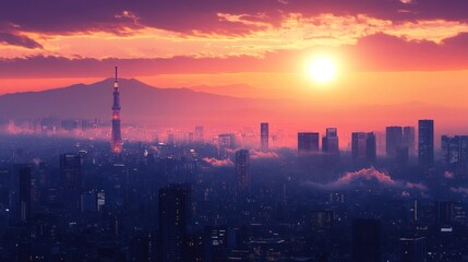 Obraz premium Tokyo Skyline Sunset With Mount Fuji In The Background