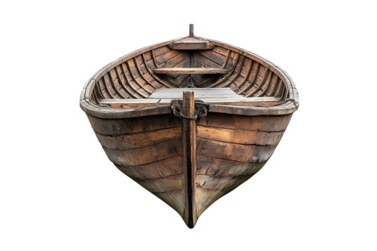 Vintage Wooden Rowboat Front View Isolated on Transparent Background PNG Image.