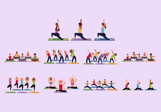 Colorful Fitness Class People Workout Illustration. Active Lifestyle Design Set