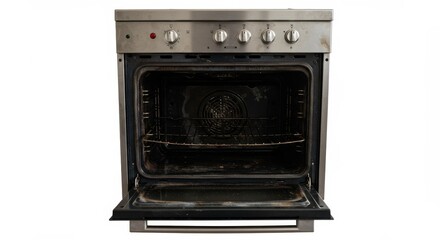 Fototapeta premium Dirty Oven Needs Cleaning - A close-up of a very dirty oven, showing significant grime and food residue buildup inside. Needs a thorough cleaning