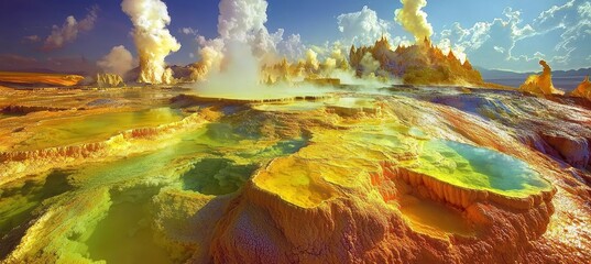 Vibrant Geothermal Landscape with Bubbling Mud Pools and Sulfur Deposits for Nature Posters