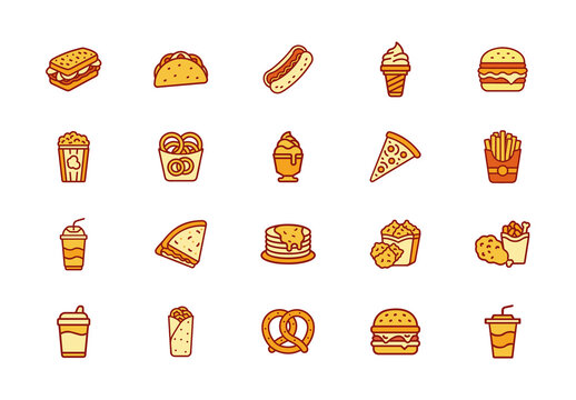 Yellow and Brown Fast Food Icons Flat. Restaurant Icons Set