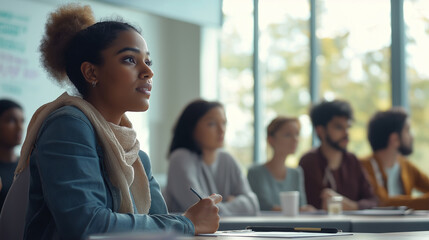 Obraz premium Eine junge Frau sitzt in einem modernen Konferenzraum, umgeben von Kollegen, und scheint aufmerksam zuzuhören. Tageslicht flutet den Raum durch große Fenster