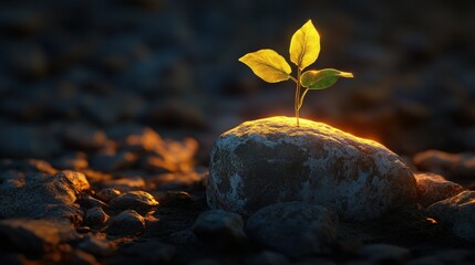 Sunrise seedling on rock, pebble beach, growth, hope