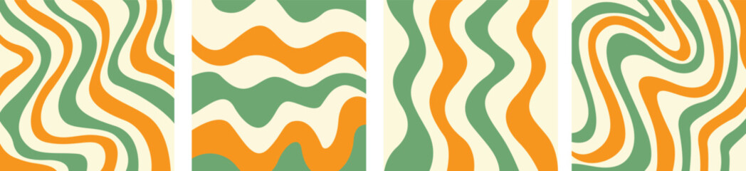 Obraz premium Abstract set square backgrounds with colorful waves. Trendy vector illustration in style retro 60s, 70s. Green, yellow and beige colors