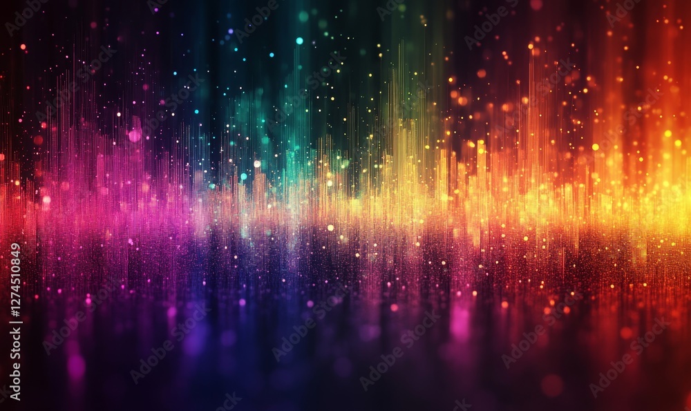 Poster an abstract and colorful artistic design filled with multiple colours of the rainbow and bokeh