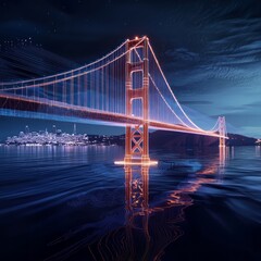 Obraz premium Futuristic Golden Gate Bridge illuminated with glowing digital lines, reflecting on water under a dramatic night sky. AI generative.