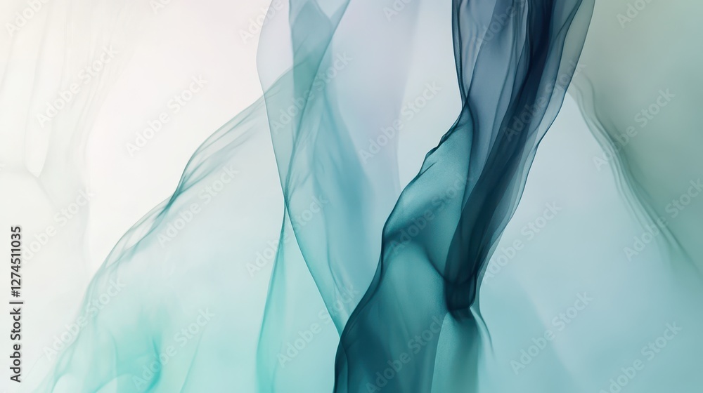 Poster abstract flowing smoke or fabric background in shades of teal and blue, creating a tranquil and sere