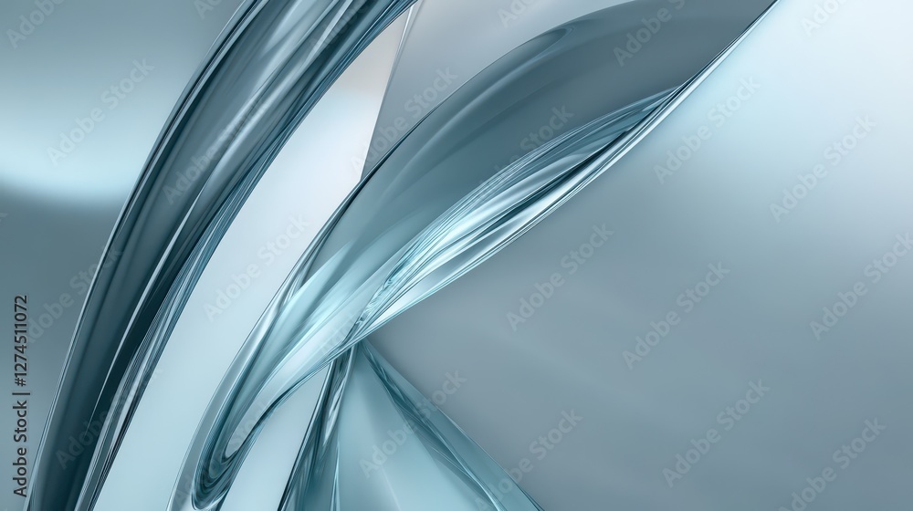 Poster elegant abstract composition of smooth blue glass forms curving and flowing with light reflections f