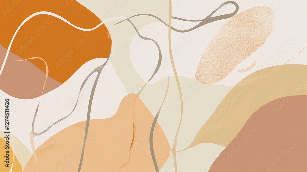 Poster abstract composition with soft shapes and earthy tones on a light background, featuring flowing line