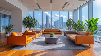Fototapeta premium Stylish corporate lounge with modern leather seating, lush greenery, and panoramic city skyline views, ideal for office design, business branding, and luxury workspace inspiration. Copy space