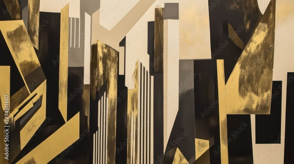 Poster abstract composition featuring geometric shapes in gold and black color palette creating modern art 
