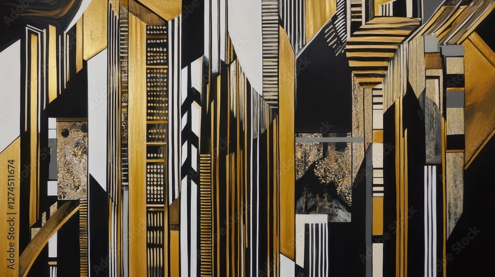 Poster abstract artwork with geometric patterns and bold colors featuring black, white, and gold elements c