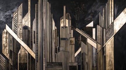 Obraz premium Abstract geometric artwork depicting a modern city skyline with metallic textures and contrasting shadows, evoking urban energy and architectural beauty