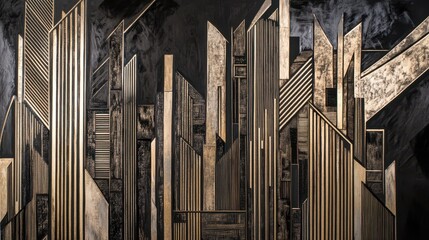 Obraz premium Abstract Golden and Black Geometric Design with Vertical Lines and Varying Textures in Contemporary Style Suitable for Modern Decor or Art Display