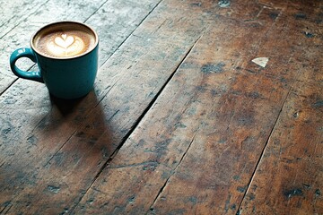 Next to a wooden table, a cappuccino cup with latte art is freshly prepared