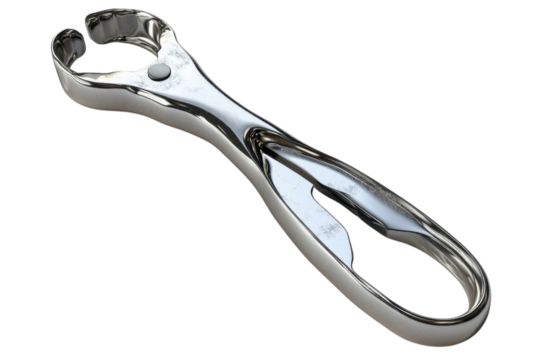Shiny steel tool resting on a white surface, showcasing its sleek design and practical use isolated on transparent background
