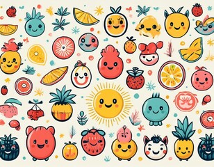 Fototapeta premium Colorido dibujo a mano de dibujos animados de frutas tropicales lindos y caras soleadas en un fondo ligero