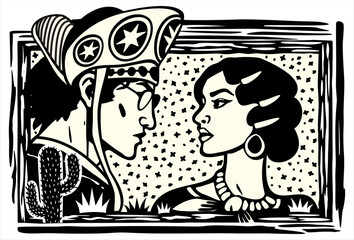 Lampiao and Maria Bonita. Bandits, folk heroes of Brazil. Brazilian cordel style. Northeast woodcut