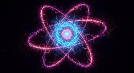 Glowing Atomic Structure Energy - Abstract atom model, energy, science, particles, quantum physics. Symbolizing power, innovation, technology, potential, and the universe