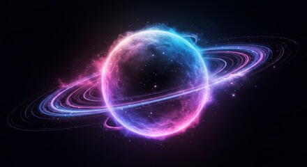 Obraz premium Glowing Planet with Rings - A vibrant, cosmic of a planet with glowing rings, set against a dark background. Perfect for space, fantasy, and science fiction projects