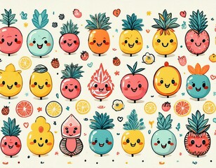Fototapeta premium Colorido dibujo a mano de dibujos animados de frutas tropicales lindos y caras soleadas en un fondo ligero