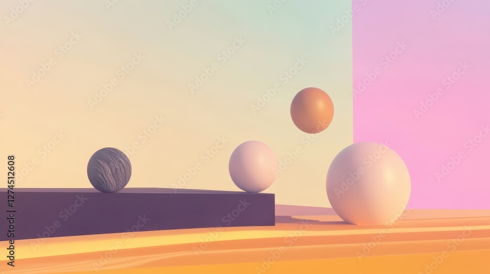 Poster abstract landscape with geometric shapes and spheres, soft pastel background creating a serene artis