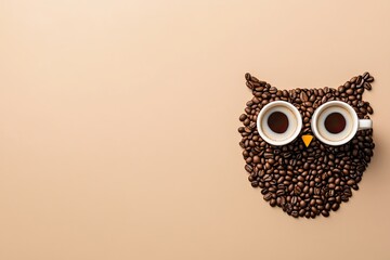 An owl head made of coffee beans. Light brown background. Eyes in the shape of coffee cups